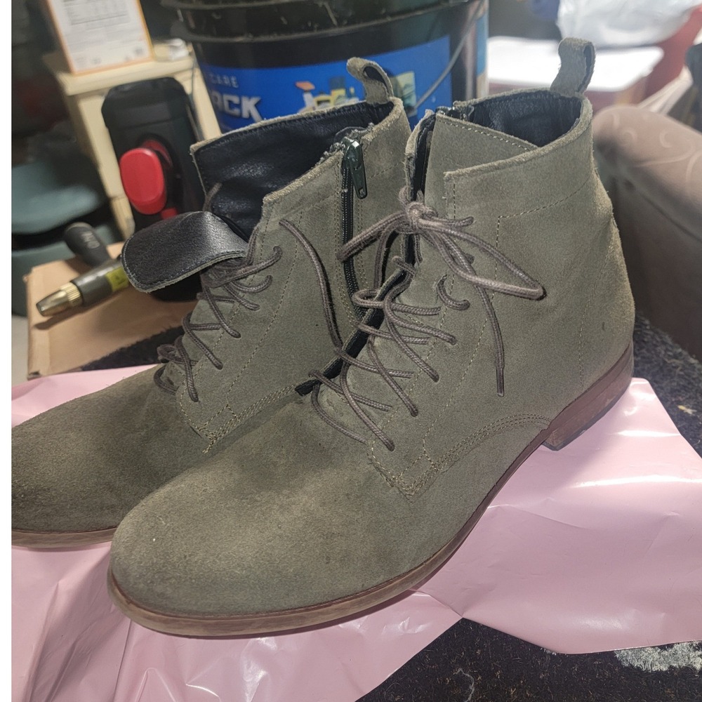 Aldo Olive Green Suede Lace Up Ankle‎ Boots Side Zip Made in Portugal Womens 9.5
